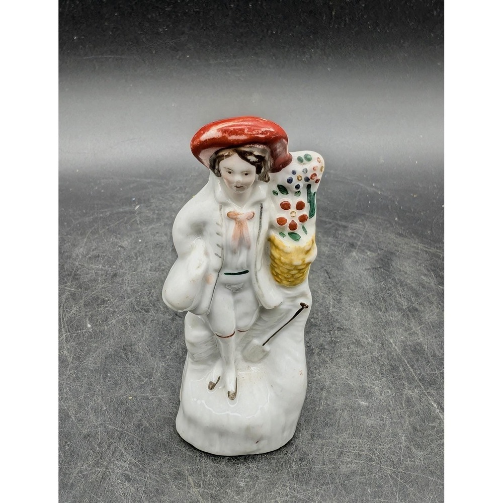 Antique Staffordshire Porcelain Boy Figurine Flower Basket Red Hat 4"